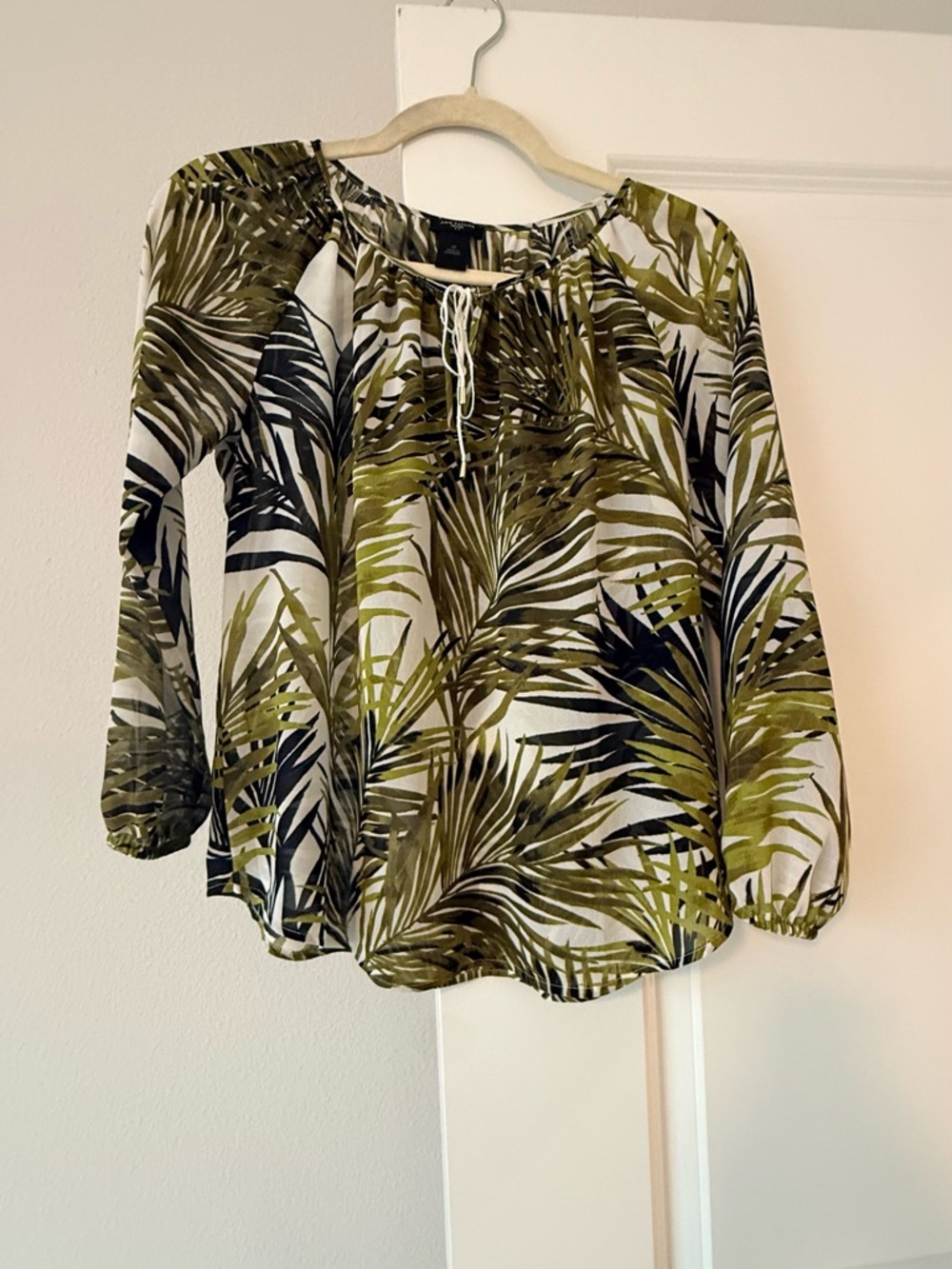 Ann Taylor Olive and White Palm-Print Peasant Top